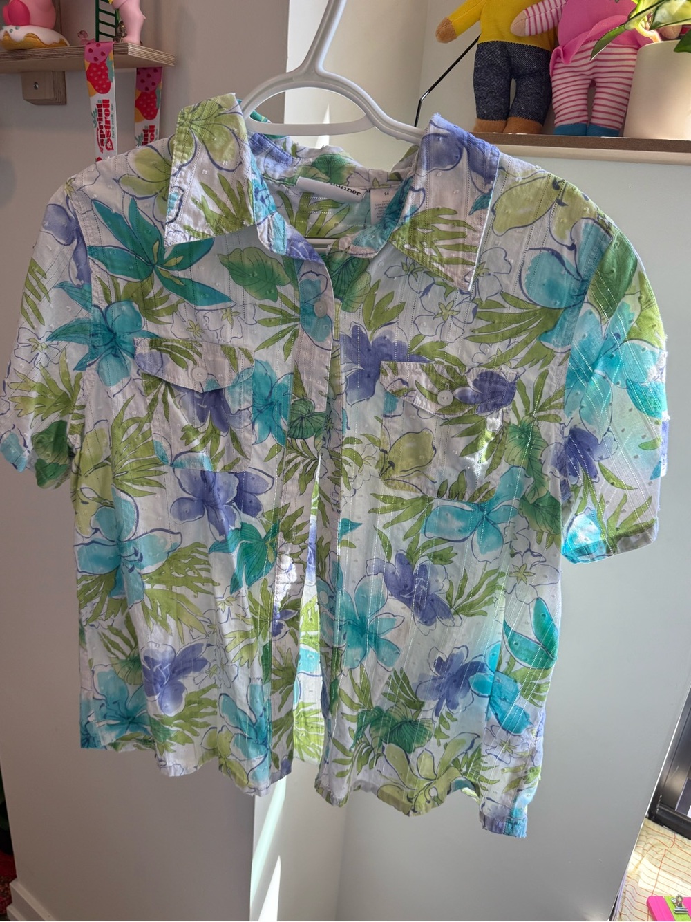 Alfred Dunner White Floral Button-Down Shirt with Blue & Green Print